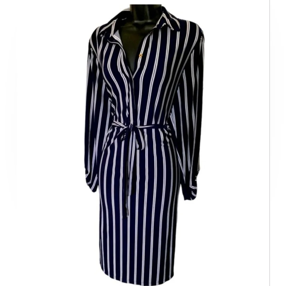 Jones New York Black and White Striped Long Sleeve Shirt Dress Sz 16 - Picture 4 of 6
